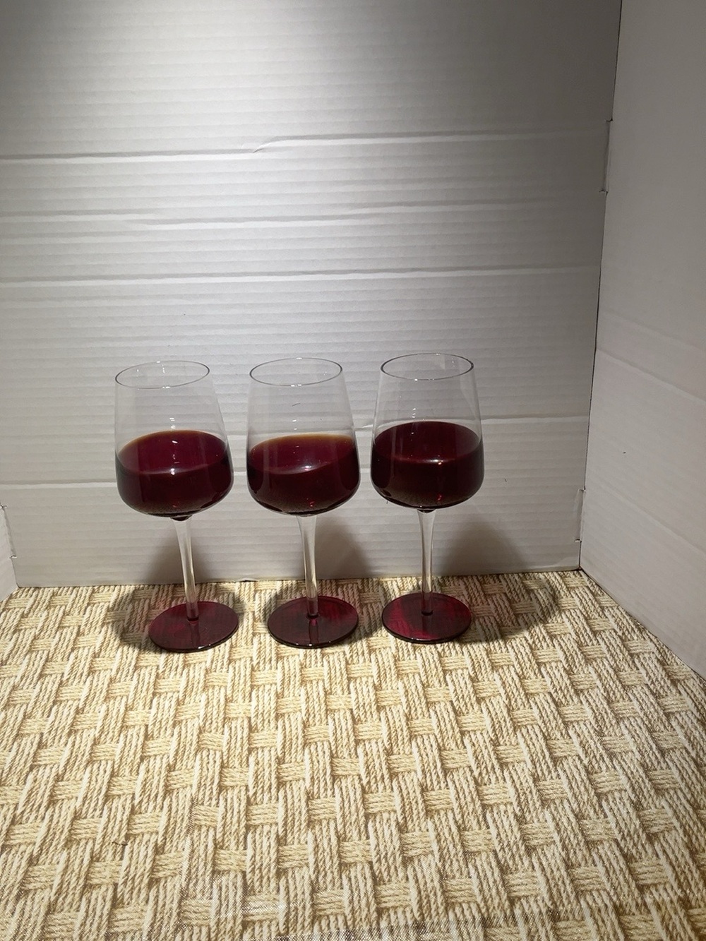 Set of 3 Ruby Red & Clear Wine Glasses Goblets 8.5” Stemware Red Foot